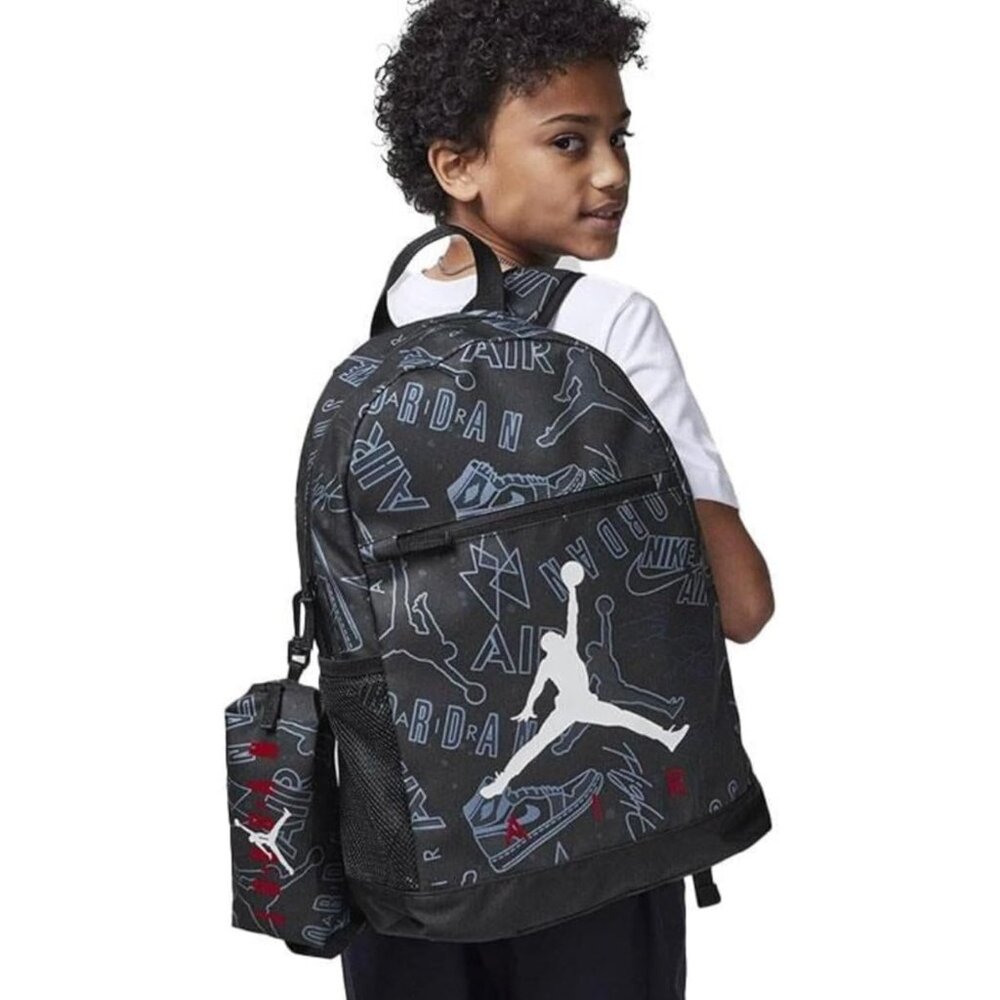 Jordan Black Backpack with Logo Print Pattern matching Pencil Case Included - Picture 3 of 8